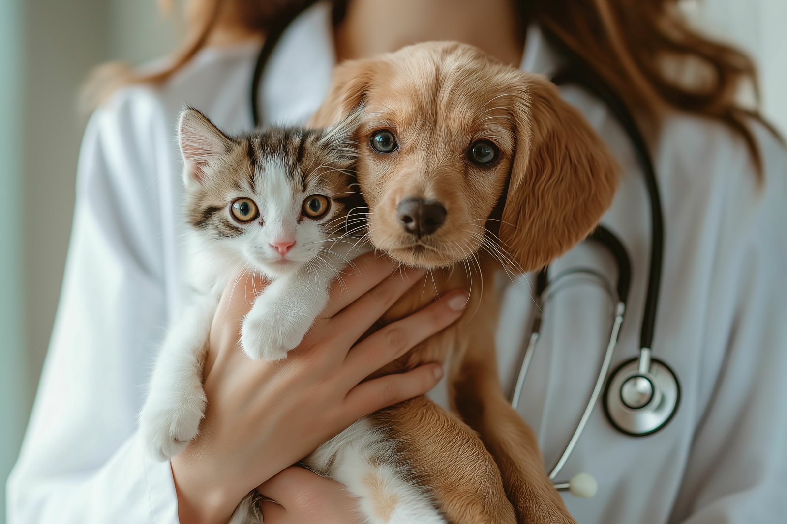 A veterinarian holding a puppy and kitten during a wellness visit